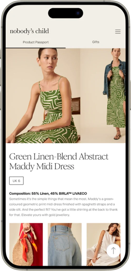 Nobody's Child product passport app showing green abstract Maddy midi dress details