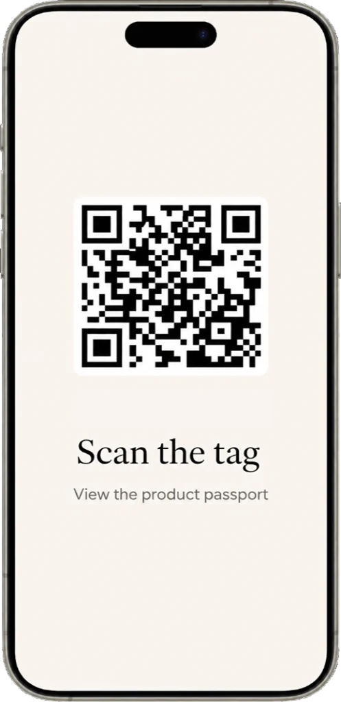 Smartphone screen prompting users to scan a QR tag to view the product passport